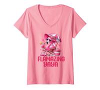 Mujer Flamazing Yaya Pink Flamingo Tropical Beach Scene Mujer Camiseta Cuello V