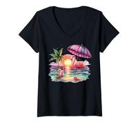 Mujer Flamingo Sunset Paradise Bajo El Paraguas Rosa Camiseta Cuello V