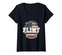 Mujer Flint Michigan, Bandera Americana Vintage Camiseta Cuello V