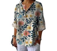 Mujer Flor Camisas Blusas Vintage Patrón Flor Botón Escote V Camisas 3/4 Manga Boho Túnica Tops Holgada Verano Camisetas