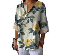 Mujer Flor Camisas Blusas Vintage Patrón Flor Botón Escote V Camisas 3/4 Manga Boho Túnica Tops Holgada Verano Camisetas