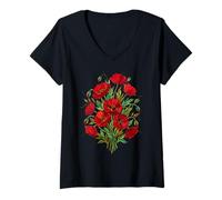 Mujer Flor de Amapola manchada Mosaico Rojo Amapolas Florales Camiseta Cuello V