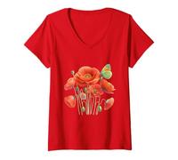 Mujer Flor de Amapola Rojo Floral Camiseta Cuello V