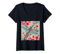 Mujer Flor De Cerezo Asiática Libélula Japonesa Vintage Rosa Camiseta Cuello V