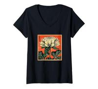 Mujer Flor de Crisantemo Japonés Retro arte floral Japon Botanico Camiseta Cuello V