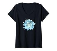 Mujer Flor de dalia verde menta y verde azulado Camiseta Cuello V