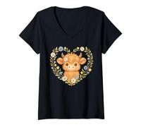 Mujer Flor de Ganado Kawaii Highland Cow Daisy Heart Camiseta Cuello V