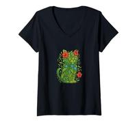 Mujer Flor Jardín Gato Lindo Gatito Exuberante Verde Floral Natur Camiseta Cuello V