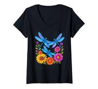 Mujer Flor Jardín Insecto Vida Silvestre Girasol Flor Libélula Camiseta Cuello V