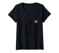 Mujer Flor Minimalista de Kanji japoneses en Flor de Sakura Blossom Camiseta Cuello V