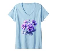 Mujer Flor Nacimiento Febrero Flor Violeta Pensamiento Ramo Floración Camiseta Cuello V