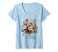 Mujer Flor vintage de Floral Faith «=En la espera, Dios está trabajando» Camiseta Cuello V