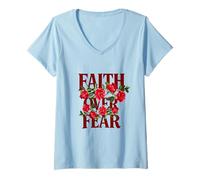 Mujer Floral Faith Over Fear Quotes Illustration Graphic Designs Camiseta Cuello V