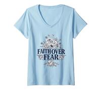 Mujer Floral Faith Over Fear Quotes Illustration Graphic Designs Camiseta Cuello V