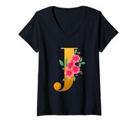 Mujer Floral J Alphabet Cute Initial Monogram Letter J Graphic Camiseta Cuello V