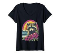 Mujer Floral Mapache Surfer Hibisco Flores Verano Puesta del Sol Grunge Camiseta Cuello V