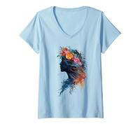 Mujer Floral Mujer Botánica Belleza Pétalos Florecer Gracia Femenina Camiseta Cuello V