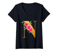Mujer Floral N Alphabet Cute Initial Monogram Letter N Graphic Camiseta Cuello V