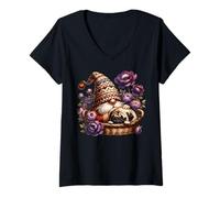 Mujer Floral Pug Dad Gnome For Flower Garden Lover And Pug Owner Camiseta Cuello V