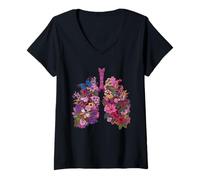 Mujer Floral Pulmones Respiratorio Anatomía Mariposa Naturaleza Arte Camiseta Cuello V