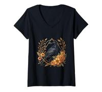 Mujer Floral Raven Acentos geométricos Cottagecore Botanical Art Camiseta Cuello V