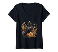 Mujer Floral Raven Acentos geométricos Cottagecore Botanical Art Camiseta Cuello V