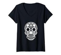 Mujer Floral Sugar Skull Cross Dia De Muertos Day of Dead Camiseta Cuello V
