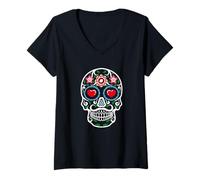 Mujer Floral Sugar Skull Heart Eyes Dia De Muertos Gift Camiseta Cuello V