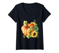 Mujer Floral Sunflower and Pumpkin Motif Cute Autumn Fall Graphic Camiseta Cuello V