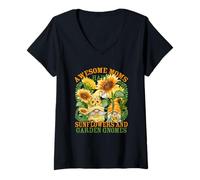 Mujer Floral Sunflower Garden Gnomes For Gardening Mom and Summer Camiseta Cuello V