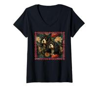 Mujer Floral Vintage Cavalier King Charles Camiseta Cuello V