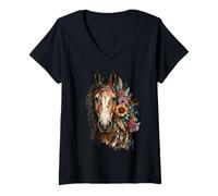 Mujer Floral Wild Horse Country Equitación Boho Western Cowgirl Camiseta Cuello V