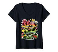 Mujer Florece Donde estás plantado, jardín Floral Retro de los 70, Hippie Camiseta Cuello V