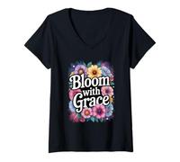 Mujer Florecer con gracia floral empoderando la paz interior cita Camiseta Cuello V