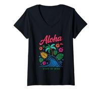 Mujer Flores Aloha State Of Mind Palm Wave Camiseta Cuello V