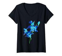 Mujer Flores Azules Orquídeas Flores en Estilo Floral Vintage Art Camiseta Cuello V