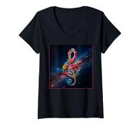 Mujer Flores clave de sol galaxia espacio espacio universo vía láctea Camiseta Cuello V
