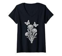 Mujer Flores de Clavel Blanco y Mariposas en Formas Negras Mania Camiseta Cuello V