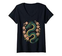 Mujer Flores Flores Japonés Dragón Vintage Fantasía Anime Camiseta Cuello V