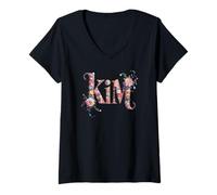 Mujer Flores Nombre Kim Personalizado Niña Mamá Nametag Outfit Camiseta Cuello V