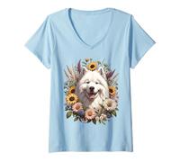 Mujer Flores silvestres de verano del perro samoyedo Camiseta Cuello V