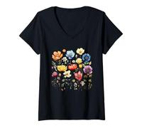 Mujer Flores silvestres de verano para jardín, flores de primavera, estilo retro, para mujer Camiseta Cuello V