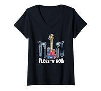 Mujer Floss Rock and Roll Dentista Oficina Dental Humor Música Camiseta Cuello V