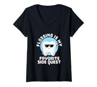 Mujer Flossing Side Quest Dentista Dental Pixel Art Gamer Camiseta Cuello V