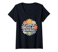 Mujer Flower Child Energy Daisy Floral Retro Hippie Groovy Camiseta Cuello V