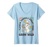 Mujer Flower Power Bunny Hugs Grow Wild, Bonito Conejo de Pascua con Estampado Floral Camiseta Cuello V
