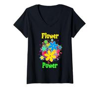 Mujer Flower Power Cute Groovy Chick Fiesta de los años 70 y 60 Camiseta Cuello V