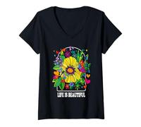 Mujer Flower Power Vintage de los 70 Camiseta Cuello V