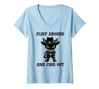 Mujer Fluff Around Find Out Meowdy Cat Funny Cowboy Overstimulated Camiseta Cuello V