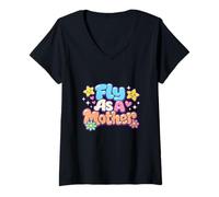 Mujer Fly As A Mother Funny Diciendo Mamá Día de la Madre Camiseta Cuello V